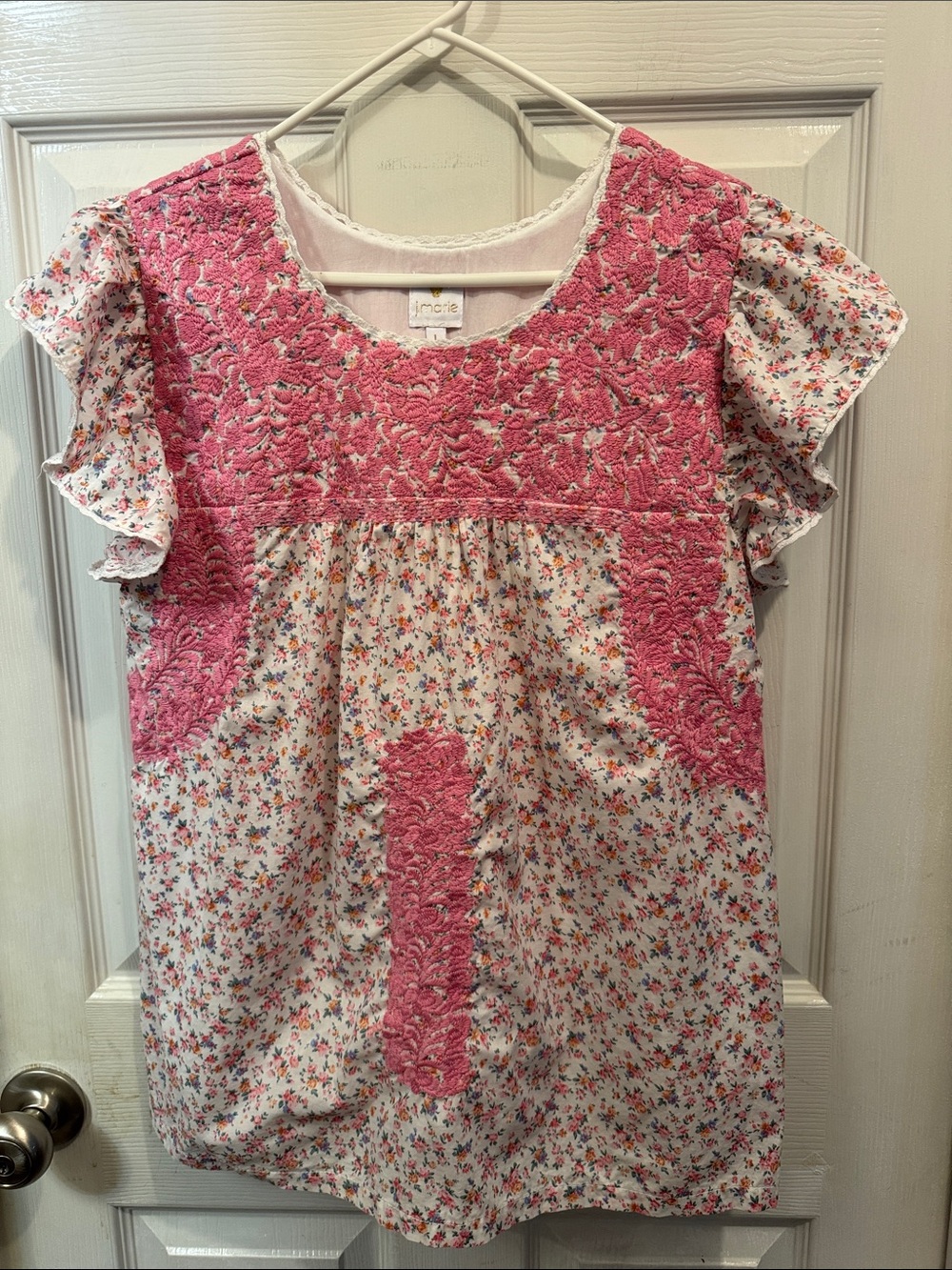 J. Marie Pink Embroidered Floral Flutter Sleeve Blouse - Boho Peasant Top L